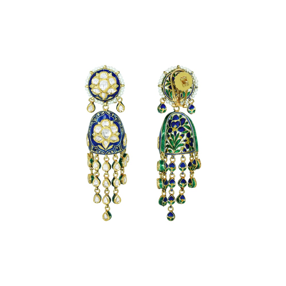Polki Earrings with Blue Enamel Floral Motifs and Pearl Drops